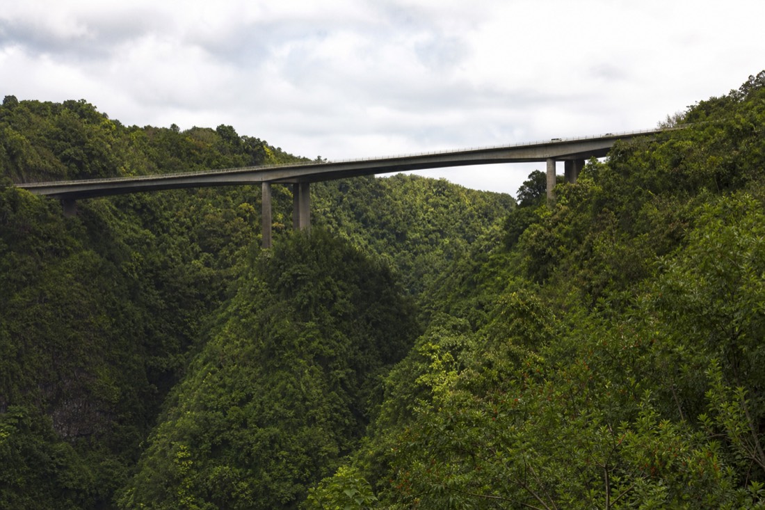 Highway viaduct crossing a deep green gulch on the Hamakua Coast with dense forest on both walls