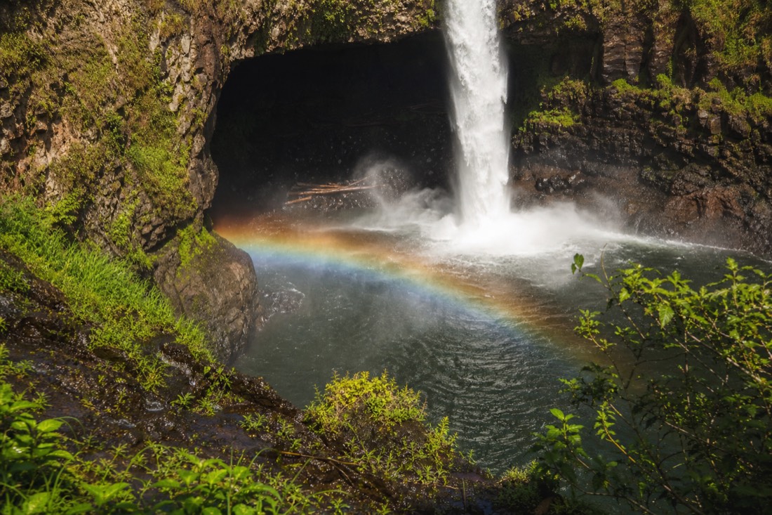 Arc of rainbow colour hanging in the spray below Rainbow Falls on a clear Hilo morning, wet basalt and green foliage framing the pool