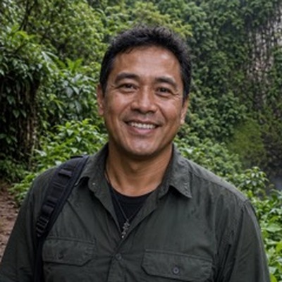 Kekoa Kalani standing on the trail at Akaka Falls State Park, the falls behind him